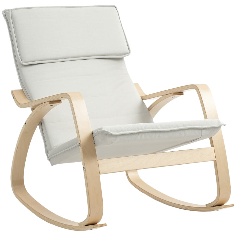 Comfortable Upholstered Rocking Chair with High Back and Headrest for Living Room and Bedroom in Cream White
