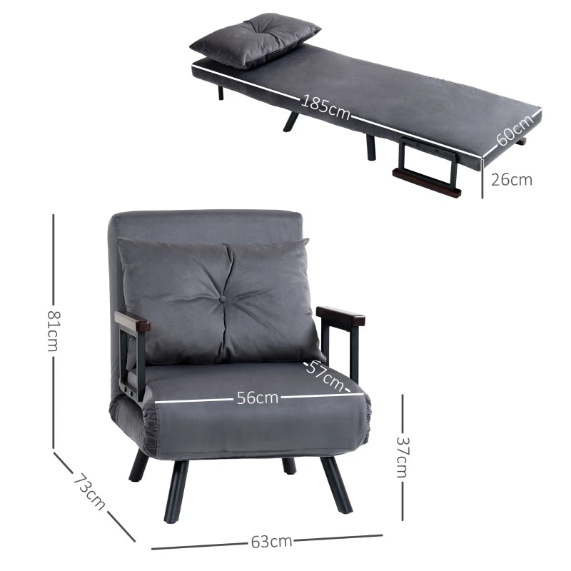 Velvet-Feel Charcoal Grey Single Chair Bed with Pillow - Versatile 4-in-1 Design for Comfort and Style