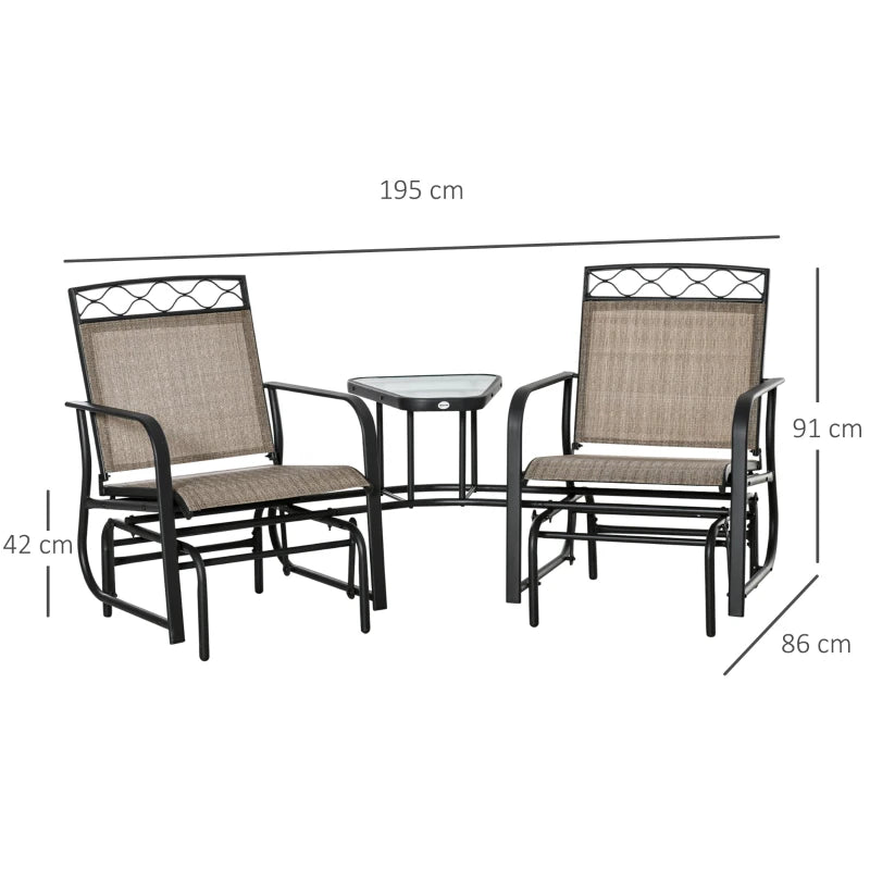 Brown Double Patio Glider Chair with Table - Outdoor 2 Seater Rocking Bench