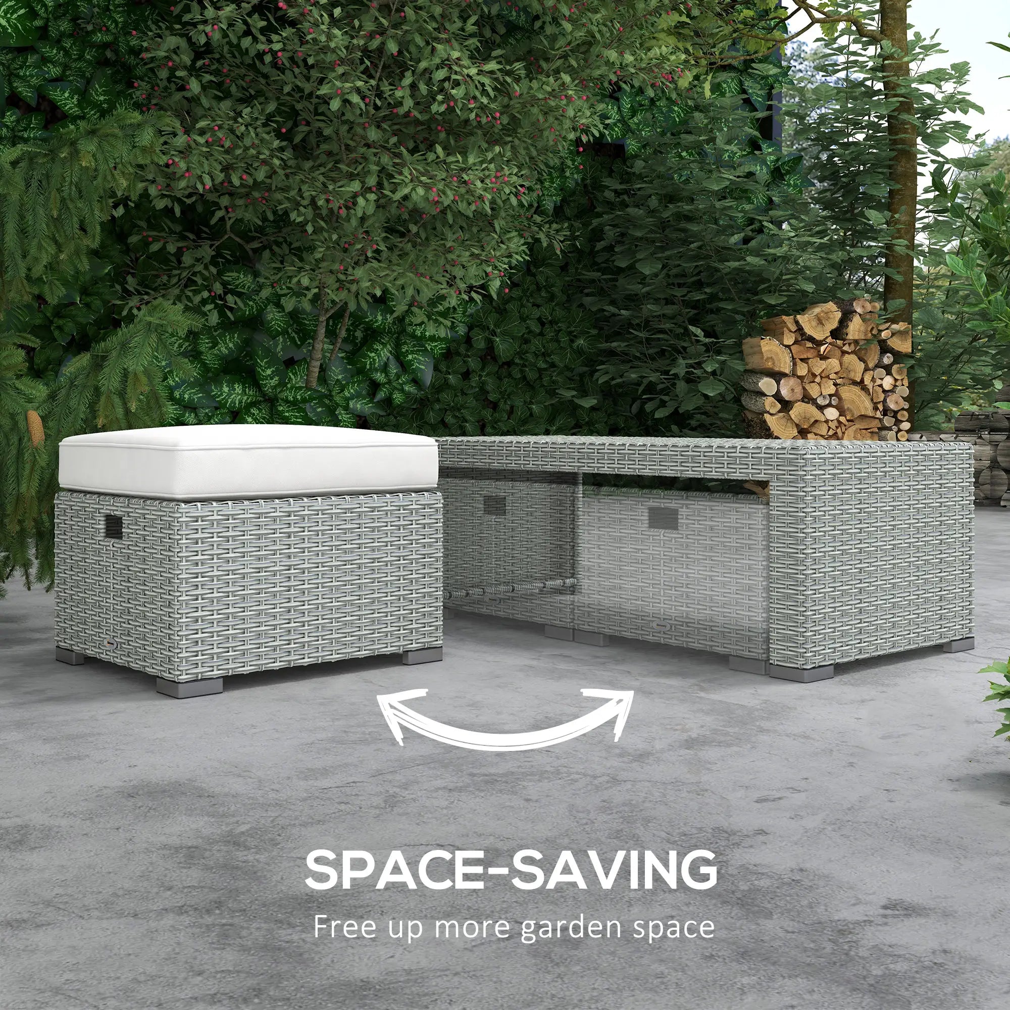 Light Grey 7 Seater Rattan Sofa, Coffee Table & Footstools