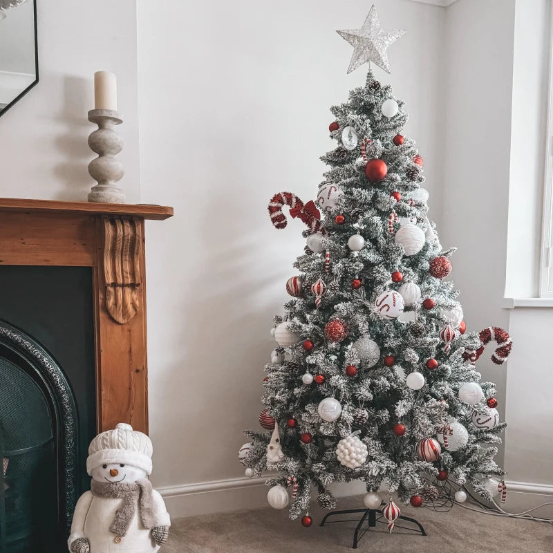 6 Ft Snow Flocked Artificial Christmas Tree - Realistic Pine with Auto Open & Steel Base - Festive Green Decor