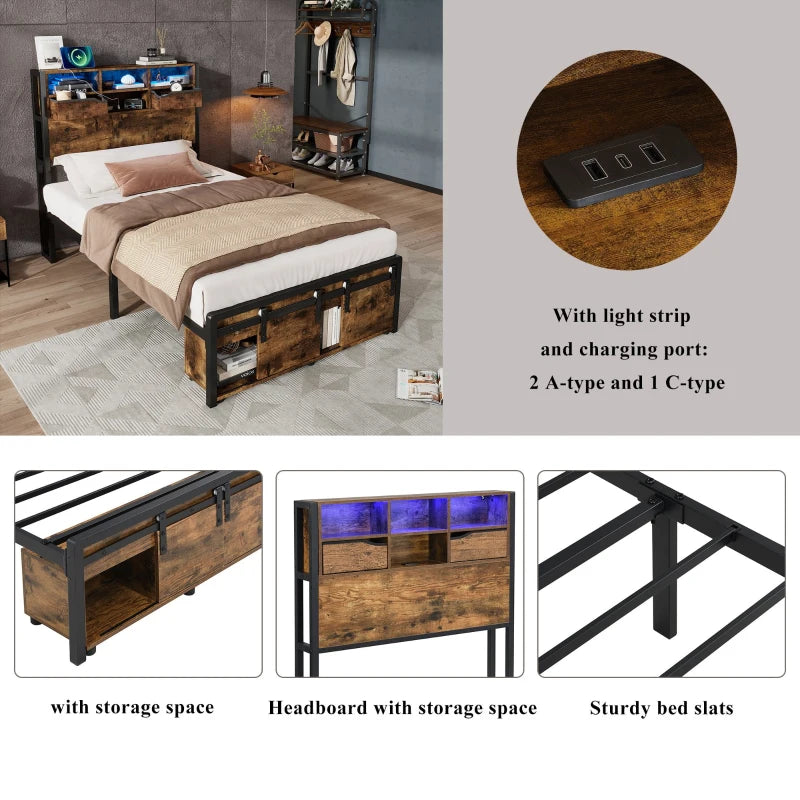 Modern Metal Single Bed with LED Lights & USB Charging Ports, Sturdy Iron Slats, Black & Natural, 209x90.5x114.5 cm