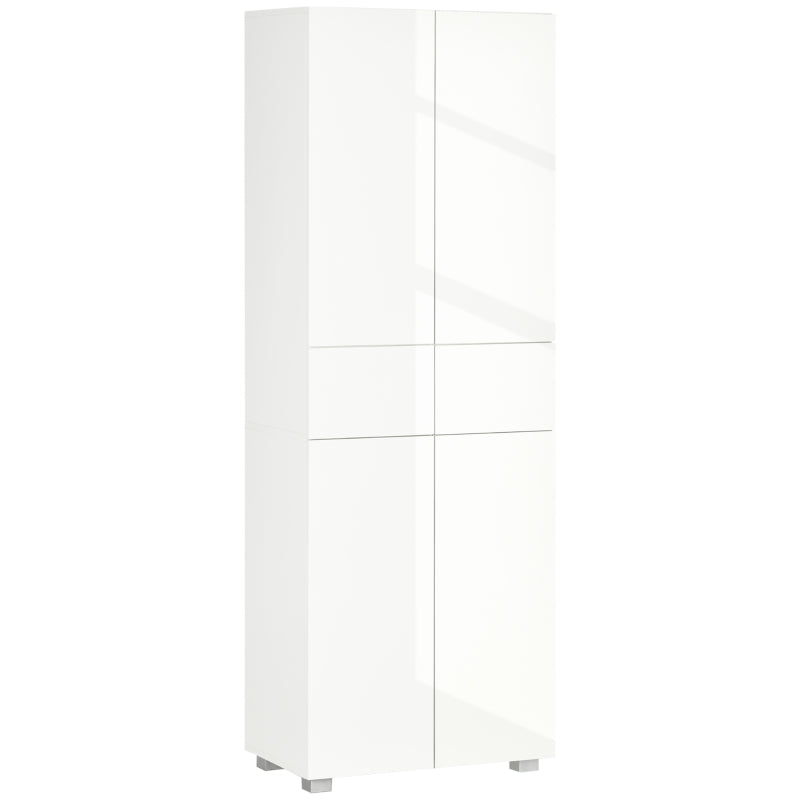 Tall Freestanding 4-Door Kitchen Cupboard with Adjustable Shelves and Drawers for Living Room and Dining Room High Gloss White