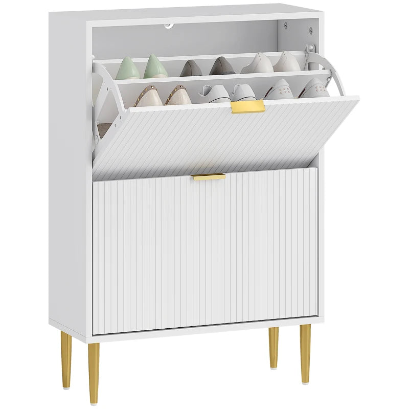 Narrow White Shoe Cabinet with 2 Flip Drawers for Space Saving Storage