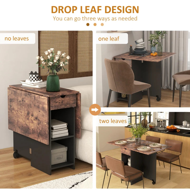 Rustic Brown Folding Dining Table with Drop Leaf, Storage Drawer & Shelves - Perfect for Small Spaces, Kitchen & Dining Room