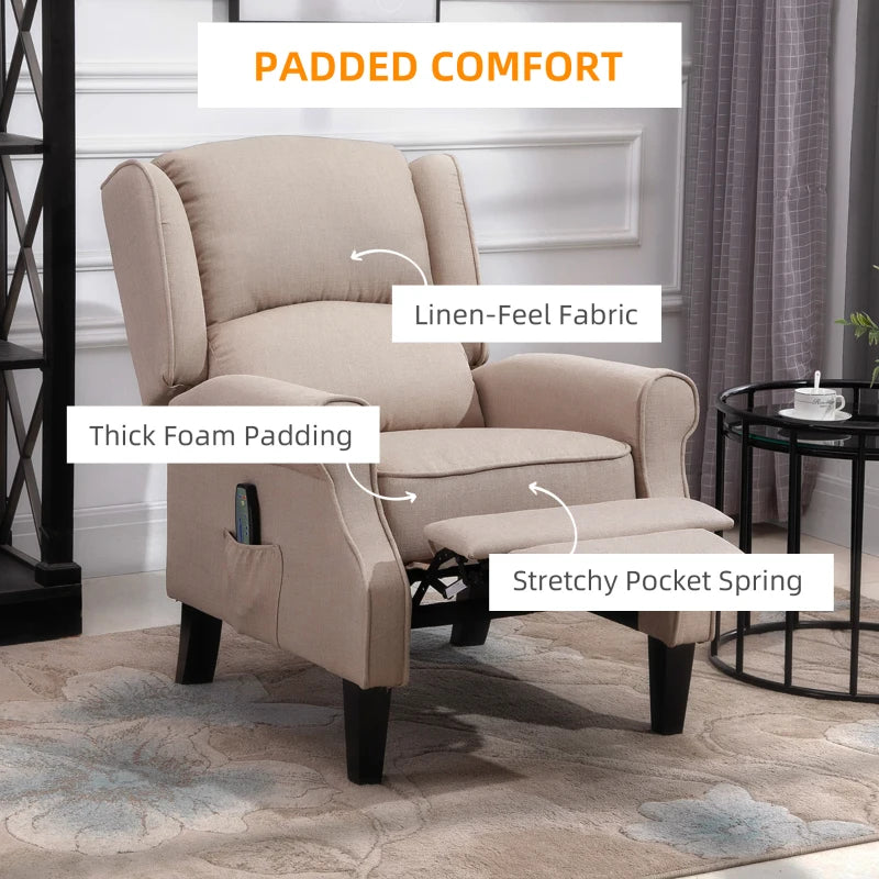 Luxury Heated Massage Reclining Armchair with Thick Sponge Padding and Linen Upholstery for Home Relaxation in Beige