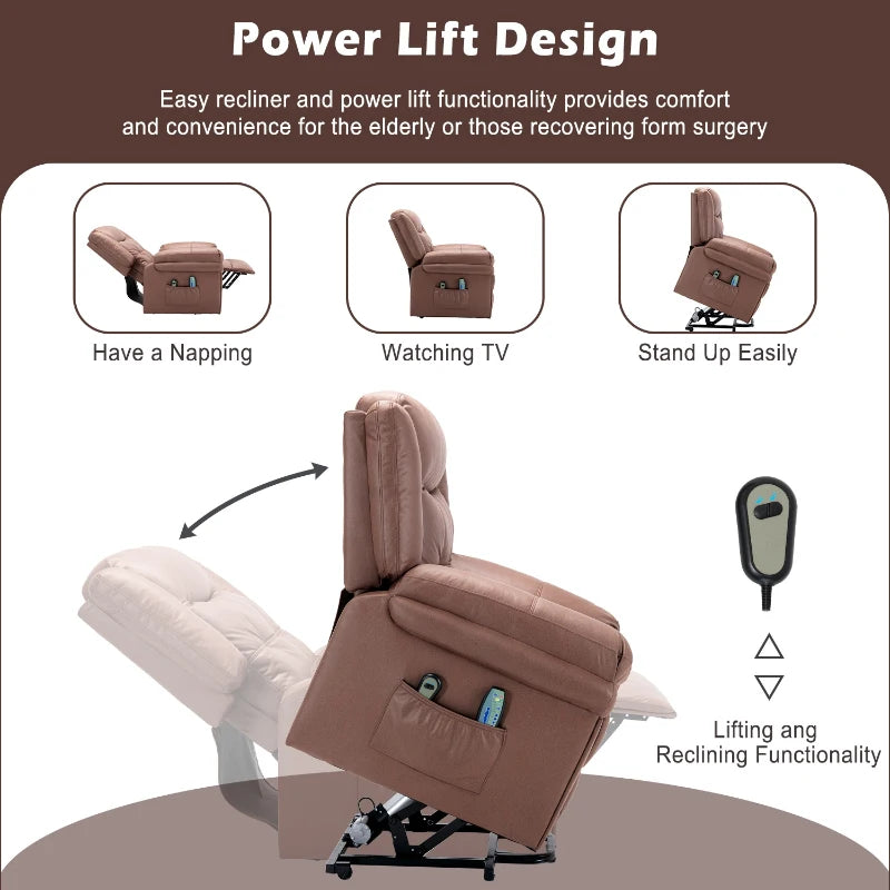 Power Lift Recliner Chair with Heating and Massage for Elderly, Soft Upholstery, Sturdy Frame, Brown, 99x83x106 cm