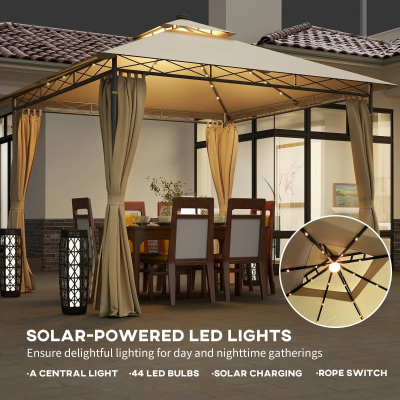 3m x 3m Beige Garden Gazebo with Double Roof, Metal Frame, Curtains & Solar-Powered LED Lights - Outdoor Canopy Shelter for Patio & Decking