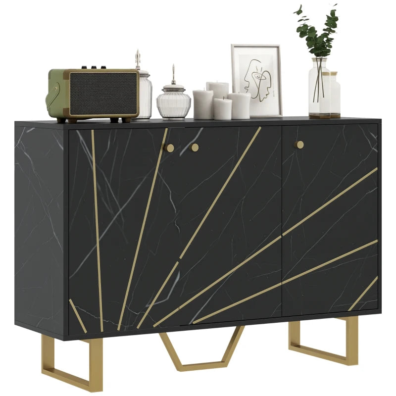 Modern Sideboard Storage Cabinet with Adjustable Shelves & Metal Legs - Black Marble Tone for Living Room, Kitchen, Dining Room, Entryway