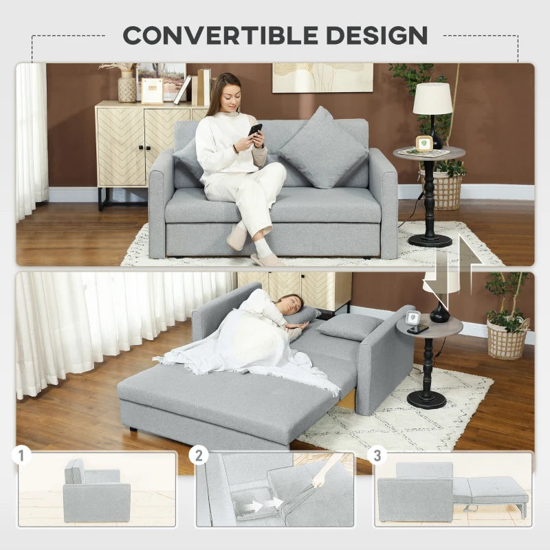 Modern 2 Seater Sofa Bed with Hidden Storage, Linen Loveseat Couch and Cushions for Living Room, Light Grey