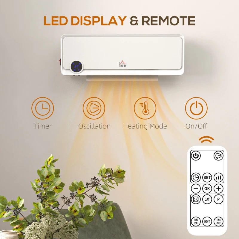 Electric Wall Downflow Heater 2000W with Timer Remote Oscillation for Home Office Bedroom