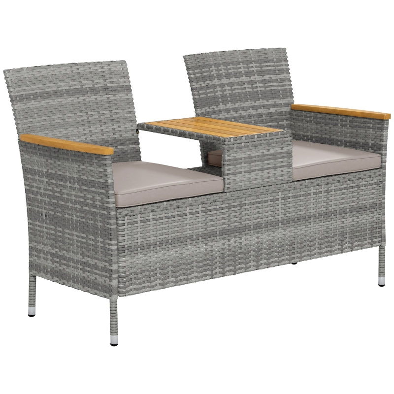 Grey Rattan Loveseat with Wood-Top Table