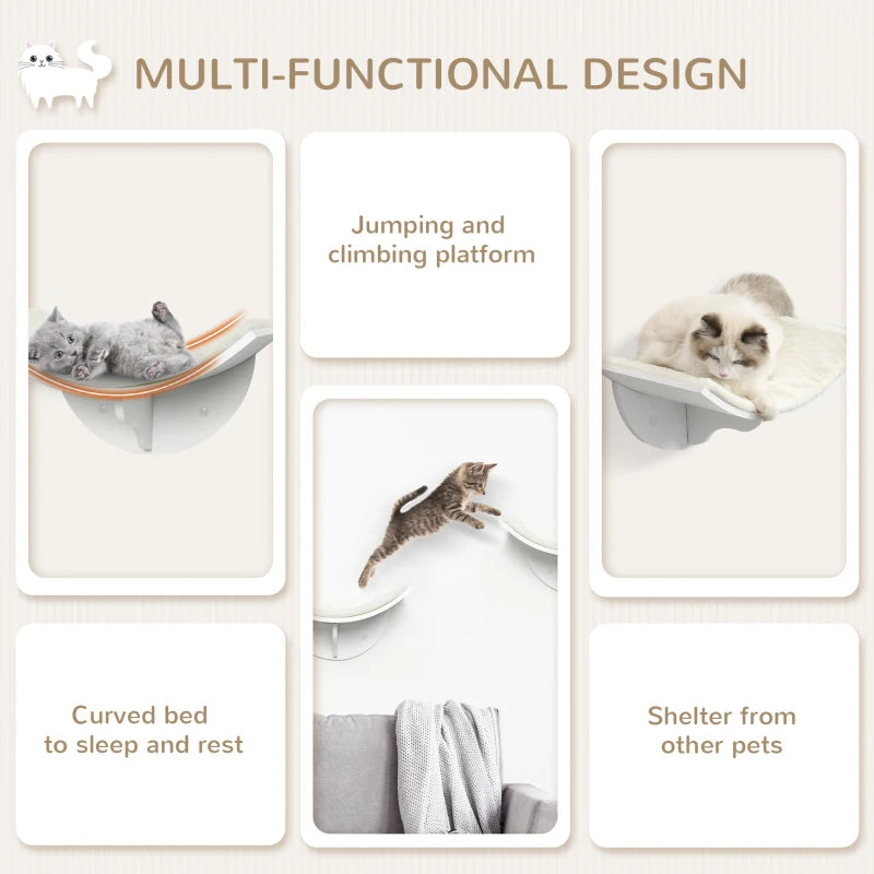 Wood Cat Shelves - Wall-Mounted Curved Kitten Bed Perch Climber Furniture - 41x28x21cm - Stylish White Cat Shelters