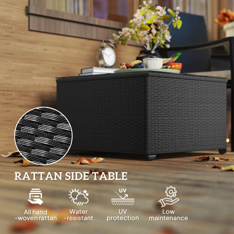 62 x 62cm Black Glass-Top Rattan Side Table
