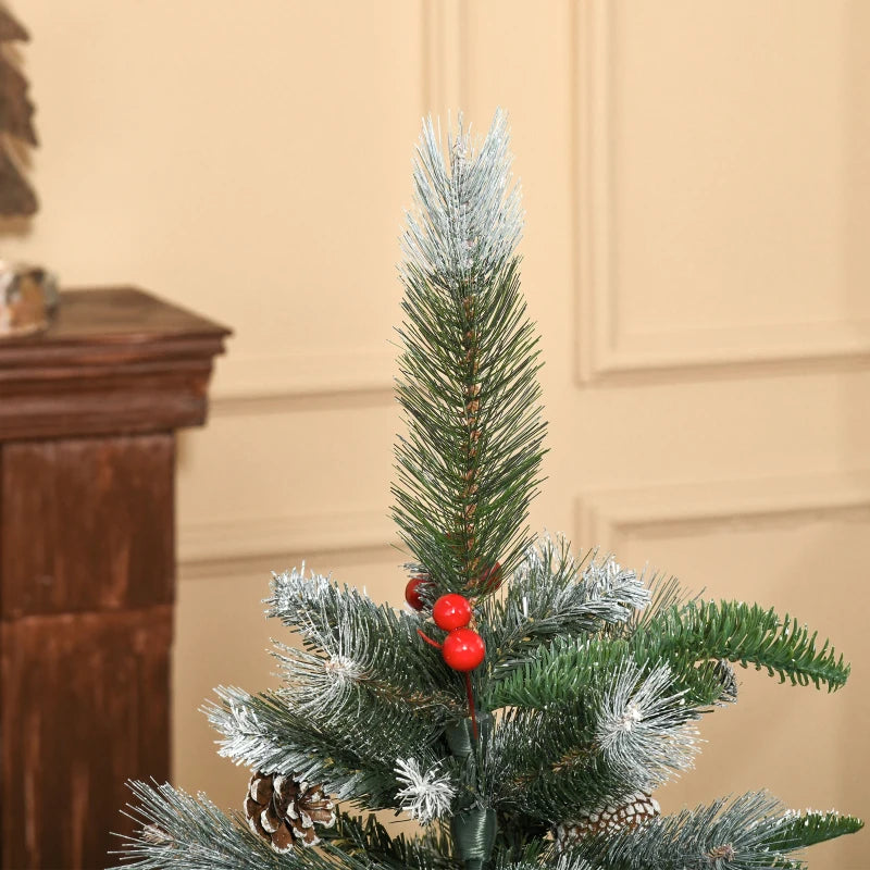 4FT Snow Dipped Christmas Pencil Tree with Red Berries & White Pinecones - Foldable Holiday Decoration for Home Parties