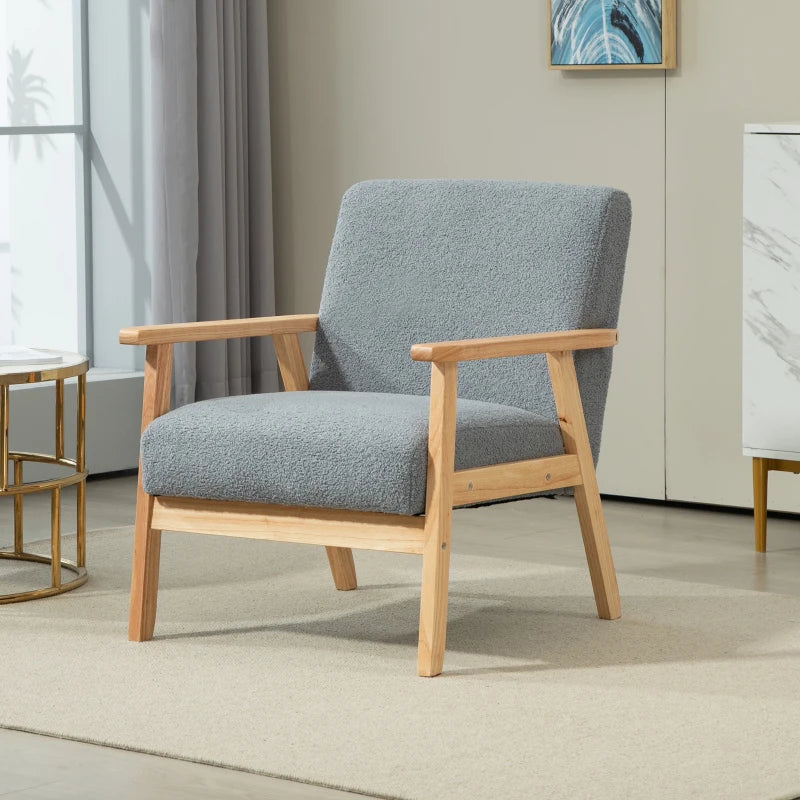 Stylish Grey Accent Chair with Thick Cashmere Cushions and Wooden Frame for Home and Office