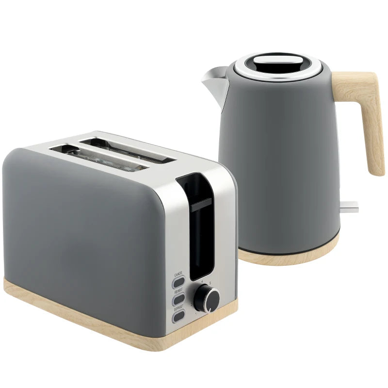 Stainless Steel Kettle & Toaster Set - 1.7L Fast Boil Kettle 3000W & 2 Slice Toaster with 7 Browning Levels, Grey