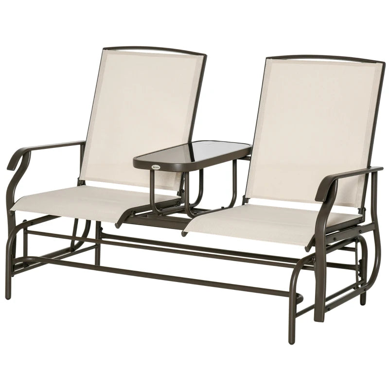Brown/Khaki 2-Seater Metal Garden Glider Loveseat with Glass Top Table