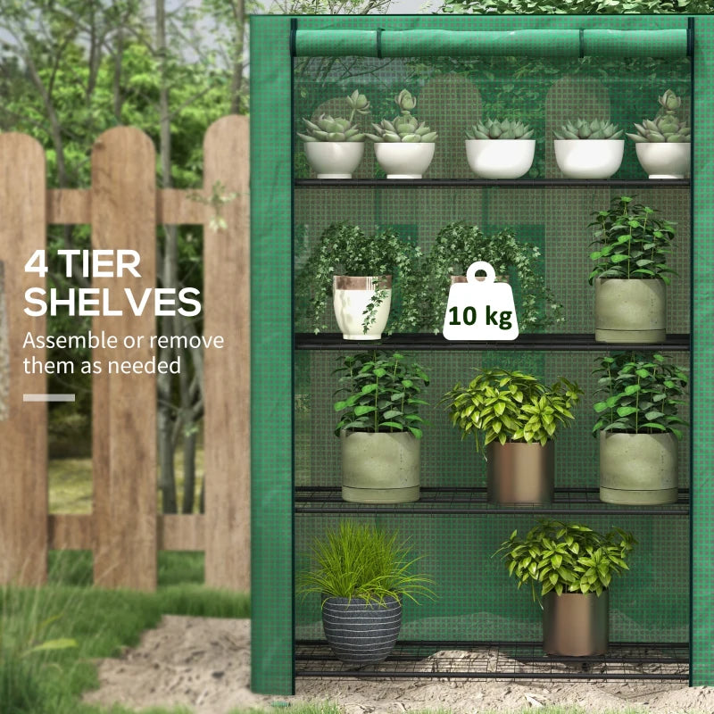 Portable Green 4-Tier Mini Greenhouse with Roll-Up Door, 170x120x50cm