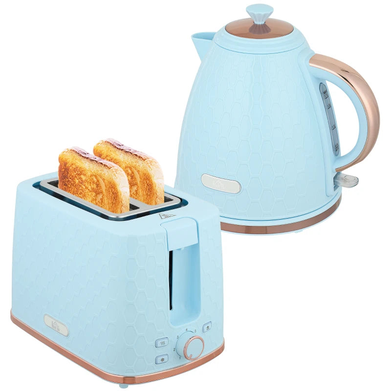 Light Blue 1.7L Fast Boil Kettle & 2 Slice Toaster Set - 3000W, Auto Shut Off, Browning Controls