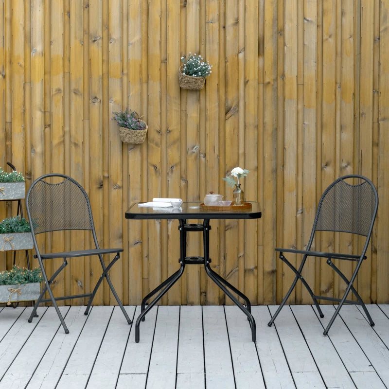 Square Glass Top Patio Dining Table, Steel Frame, Umbrella Hole, 76x76cm, Black