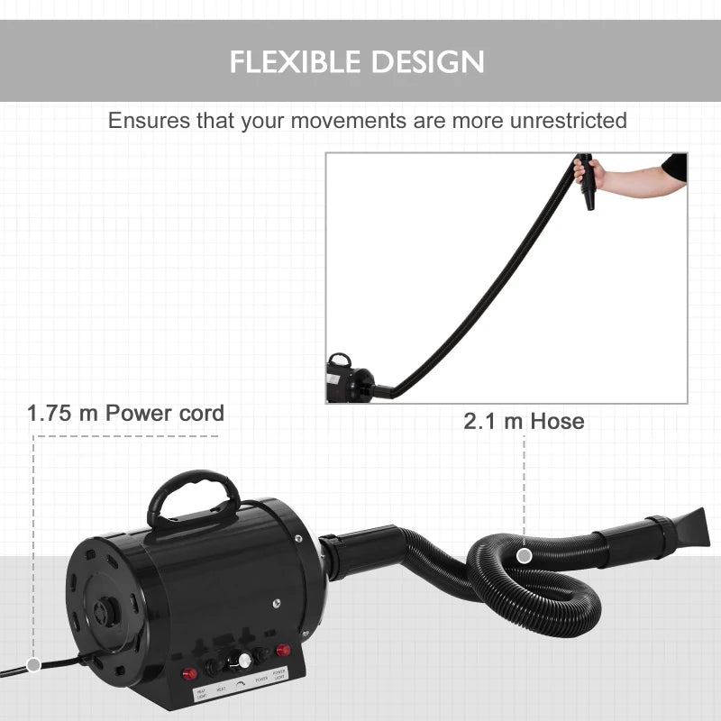 Professional Dog Hair Dryer - Adjustable Speed & Temperature Pet Grooming Blaster with 2.1M Hose & 3 Nozzles - Black