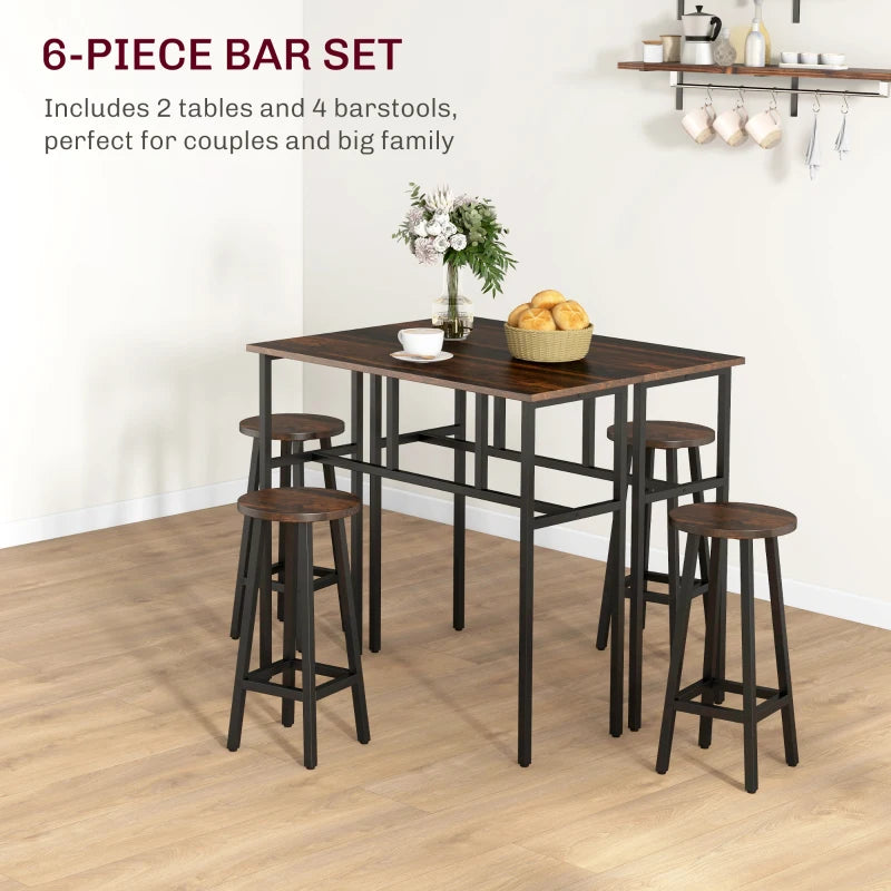 6-Piece Rustic Brown Bar Table Set - Space-Saving Counter Height Dining Set with 2 Tables & 4 Stools for Small Spaces