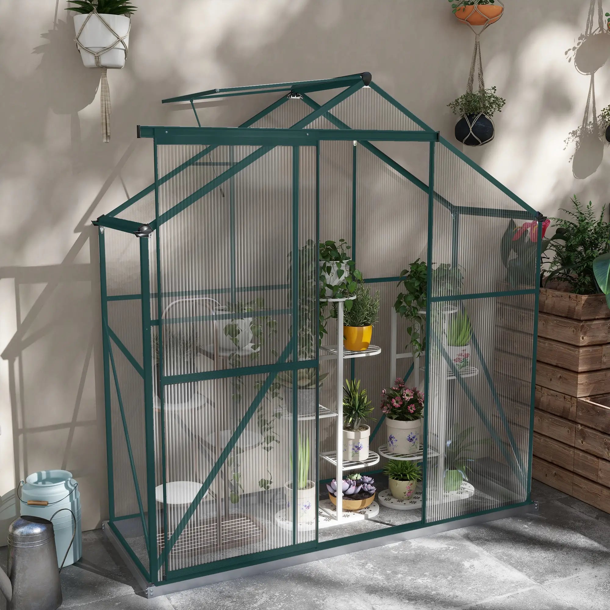 6ft x 2.5ft Green Polycarbonate Walk-In Greenhouse with Rain Gutter, Sliding Door, Window & Foundation