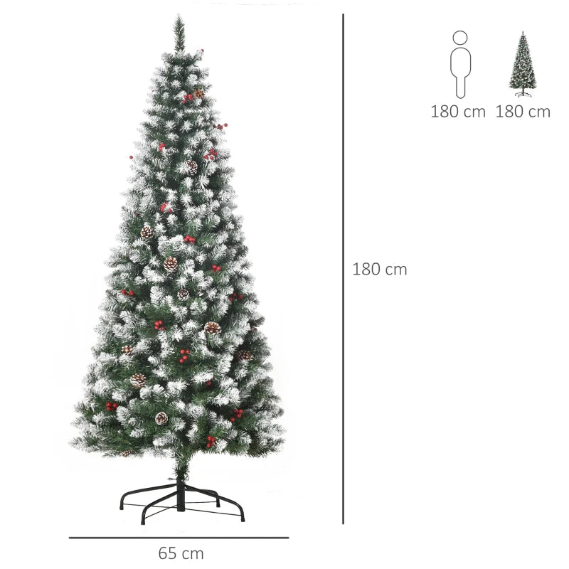 6FT Artificial Christmas Pencil Tree with Red Berries & Pinecones - Foldable Indoor Holiday Decoration, Green Xmas Tree