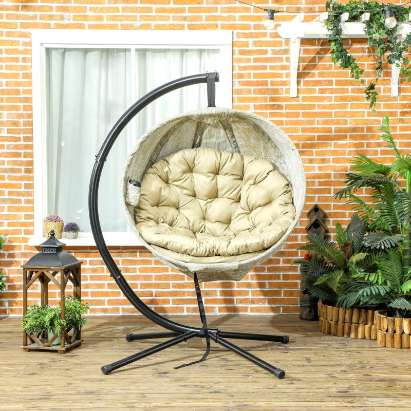 Hanging Egg Chair - Khaki Outdoor Indoor Garden Swing Chair with Stand, Thickened Cushion & Cup Holder - Folding Basket Design
