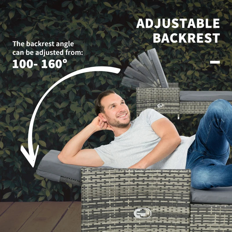 Grey Rattan Sun Lounger Set with Adjustable Backrest and Cushions