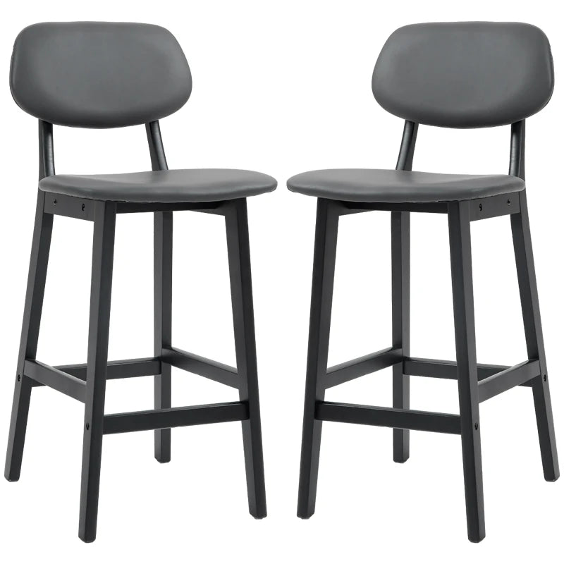 Set of 2 Dark Grey Bar Stools - PU Leather Kitchen Chairs with Backs & Footrests, Solid Wood Legs