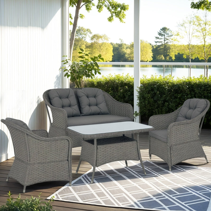 4-Piece Light Grey Rattan Patio Furniture Set with Glass-Top Table