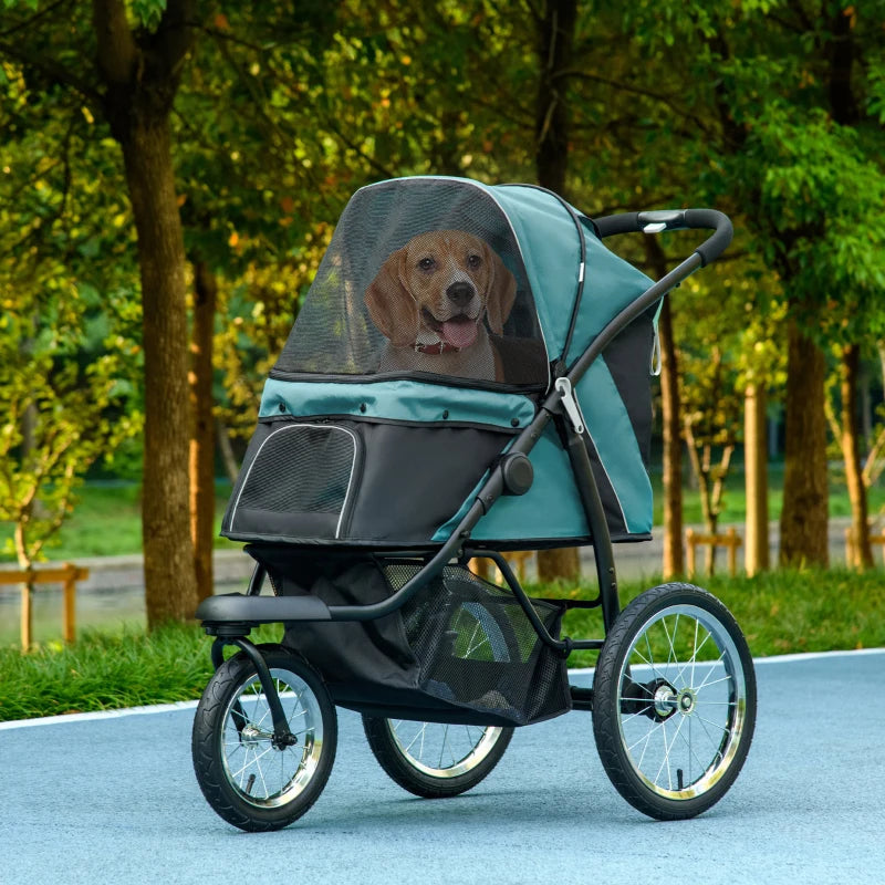 Foldable Pet Stroller Jogger for Medium and Small Dogs with Canopy and Three Wheels Green