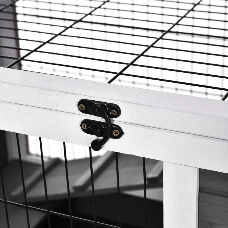 Wooden Guinea Pig Hutch & 2-Floor Bunny Cage with Enclosed Run Area - Stylish Grey Pet Home