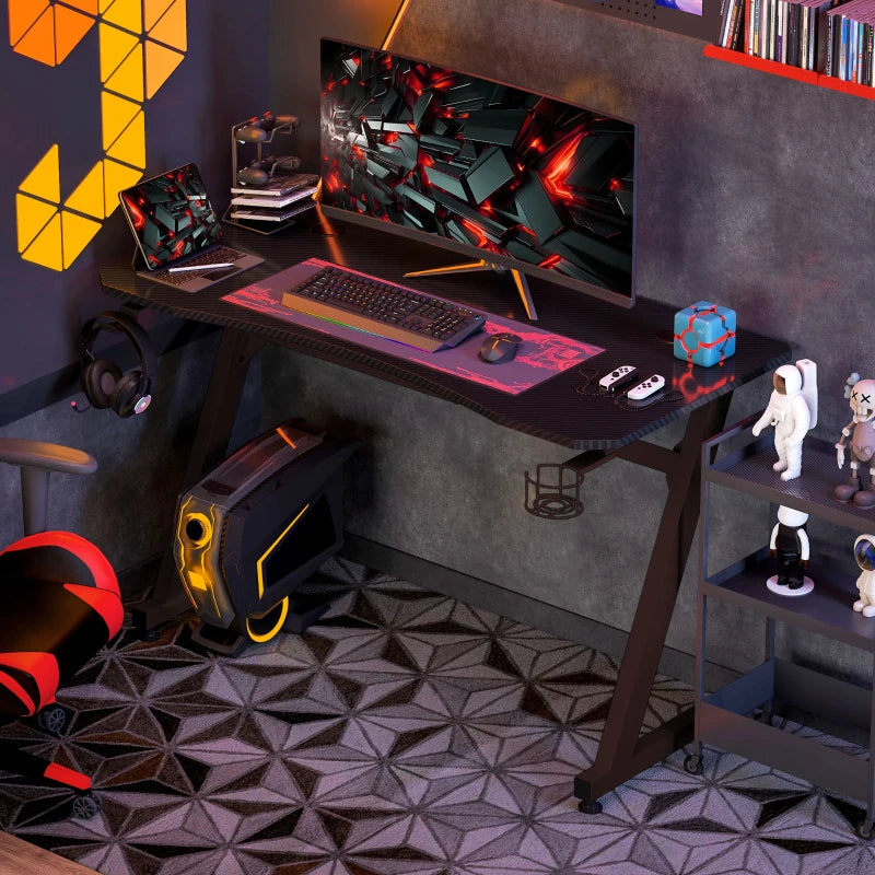 Gaming Desk 120x65 cm - Steel Frame, Cup Holder, Headphone Hook, Adjustable Feet, Cable Organizer - Black Home Office Table