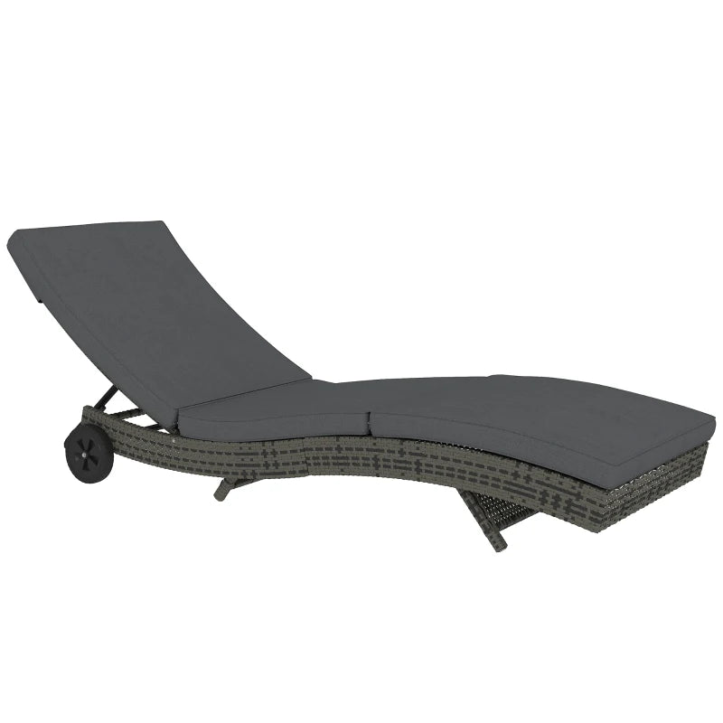 Dark Grey Outdoor PE Rattan Chaise Lounge Chair - Adjustable Backrest Sun Lounger with 2 Wheels, Size: Standard