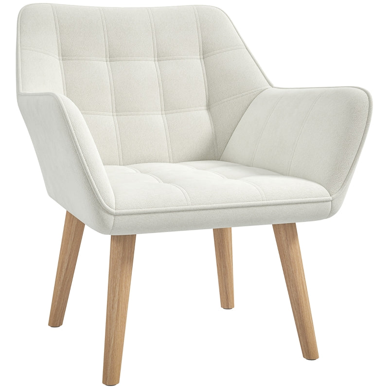 Cream White Accent Chair with Wide Arms, Slanted Back, Thick Padding and Rubber Wood Legs for Living Room