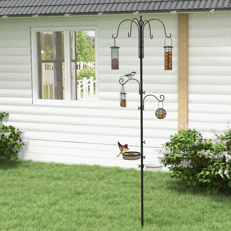 Premium Bird Feeding Station Kit - 6 Hook Wild Bird Feeder Pole with 4 Hanging Feeders for Garden & Outdoor Use - Black