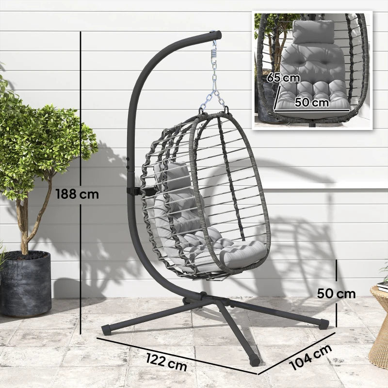 Light Grey Rattan Hanging Egg Chair with Cushion, Adjustable Height, Steel Frame for Indoor Outdoor