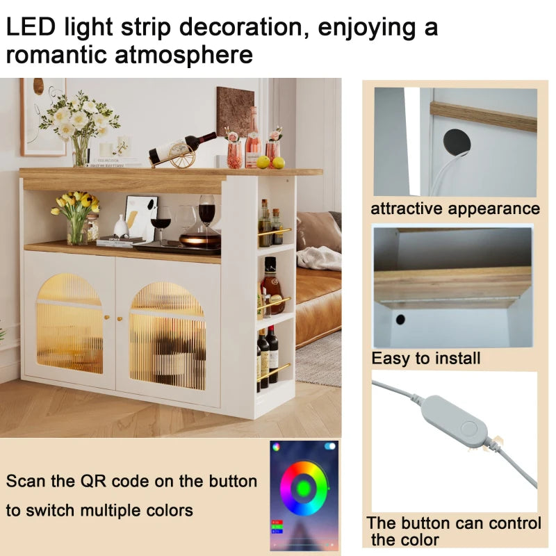 Modern Extendable Dining Table with Storage & LED Strip - Swivel Bar Bistro Table, 138-193x39x105 cm, Elegant White Finish