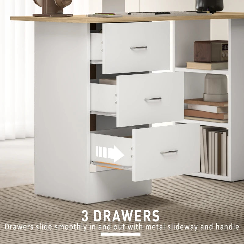 Modern Computer Desk with Storage Shelves and Drawers for Home Office Natural Wood Finish and White