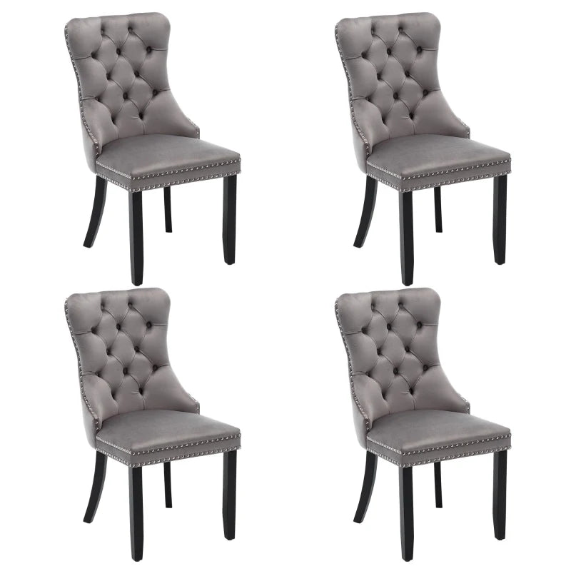 Set of 4 Grey Velvet Dining Chairs with Button Tufted Backrest, Wingback Design, Solid Rubber Wood Legs, Foot Pads