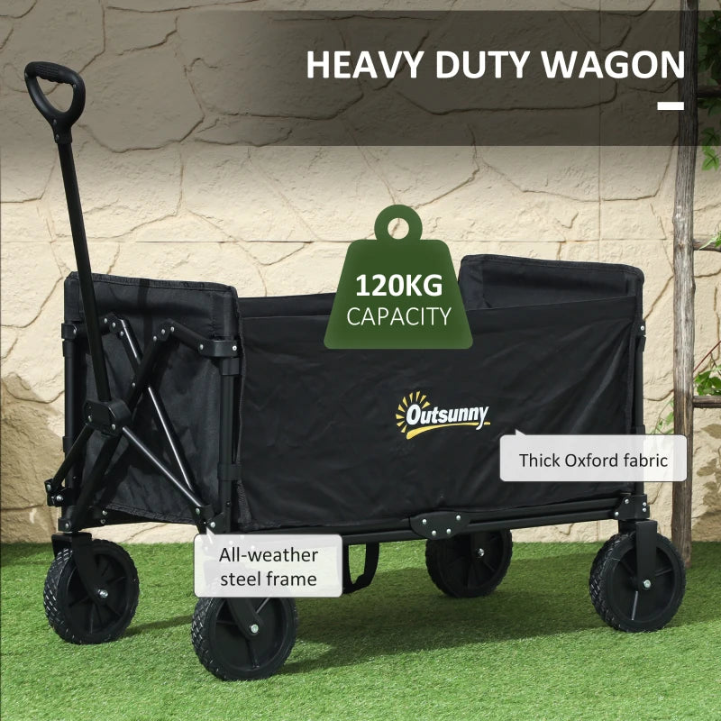120L Folding Garden Trolley Cart - Black Outdoor Collapsible Wagon with Wheels & Adjustable Handle for Beach, Camping & Festivals