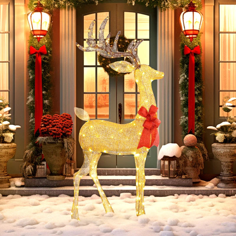 Lighted Reindeer Christmas Decoration - 137 LED Lights, Gold Tone, Indoor/Outdoor Holiday Decor for Garden & Lawn
