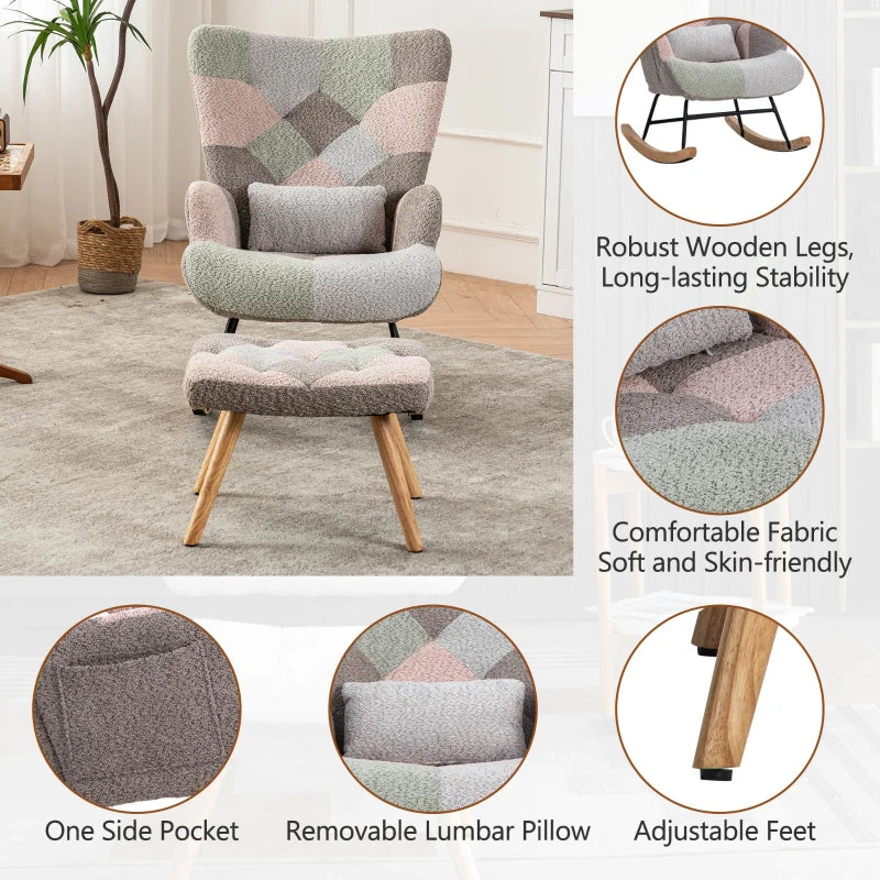 Stylish Rocking Garden Chair Set with Footstool and Pillow, Wingback Design, Solid Wood Legs, Blue and Grey