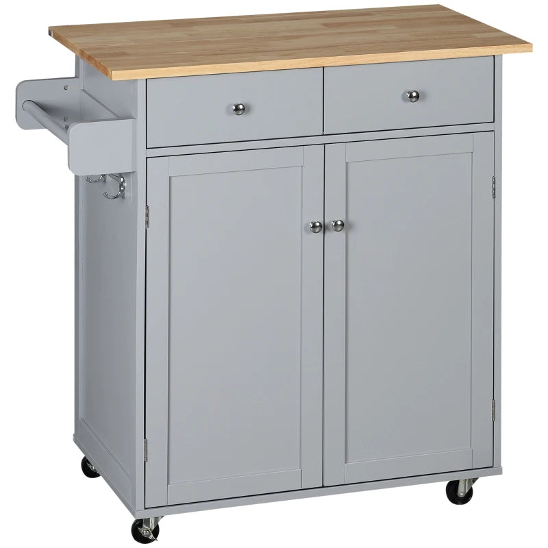 Rolling Kitchen Island on Wheels - Utility Serving Cart with Rubber Wood Top, Towel Rack, Hooks & Storage Drawers in Grey
