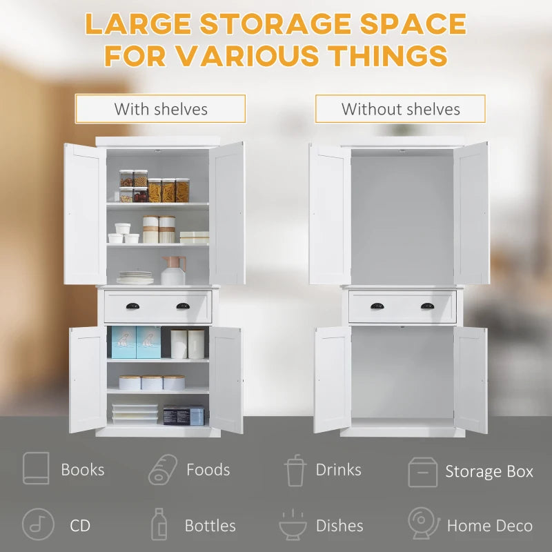 Freestanding 184cm Tall Kitchen Cupboard - Colonial 4-Door Pantry Storage Cabinet with Drawer, White Finish