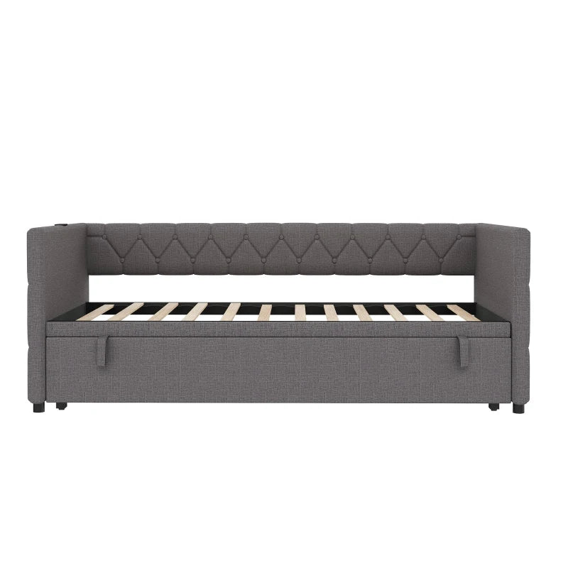 Upholstered Daybed with USB & Type-C Ports, Button-Tufted Trundle Bed for Bedroom & Study, Grey, 206L x 193W x 71H cm