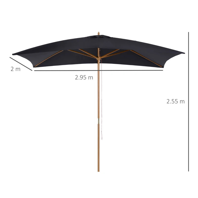 Black 2 x 3m Wooden Garden Parasol Umbrella